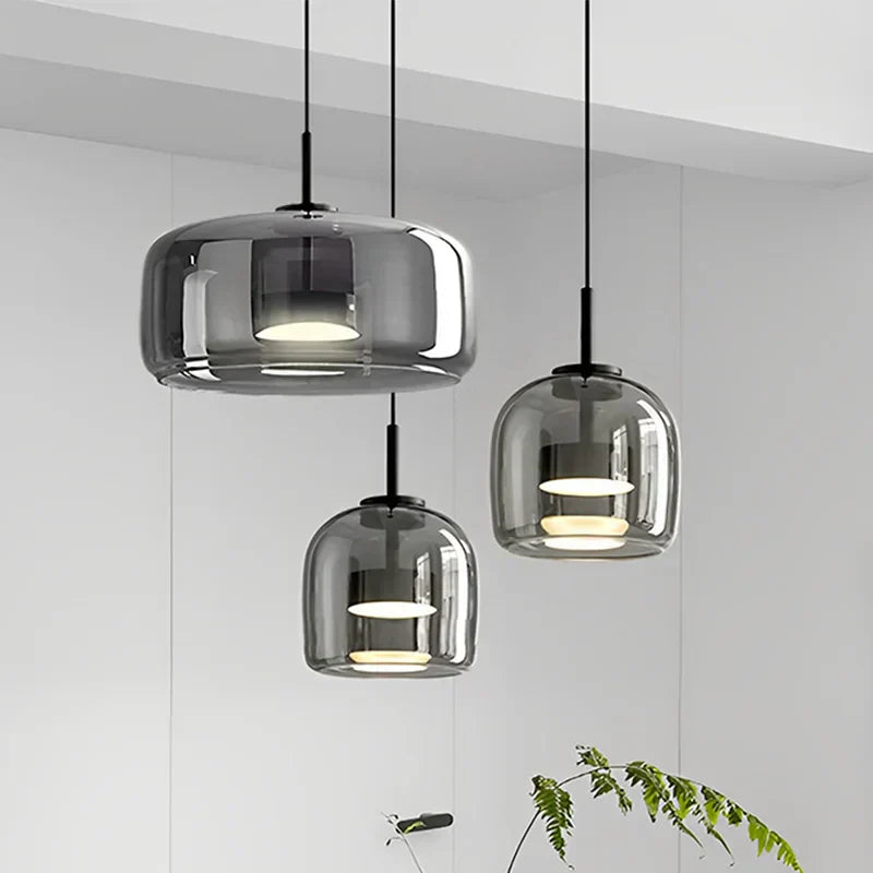 Handgeblasene Glaspendelleuchte aus bernsteinfarbenem Rauchglas mit LED für Esstisch und Wohnzimmer, Deckenbeleuchtung, schwebendes modernes Design | Sansoti