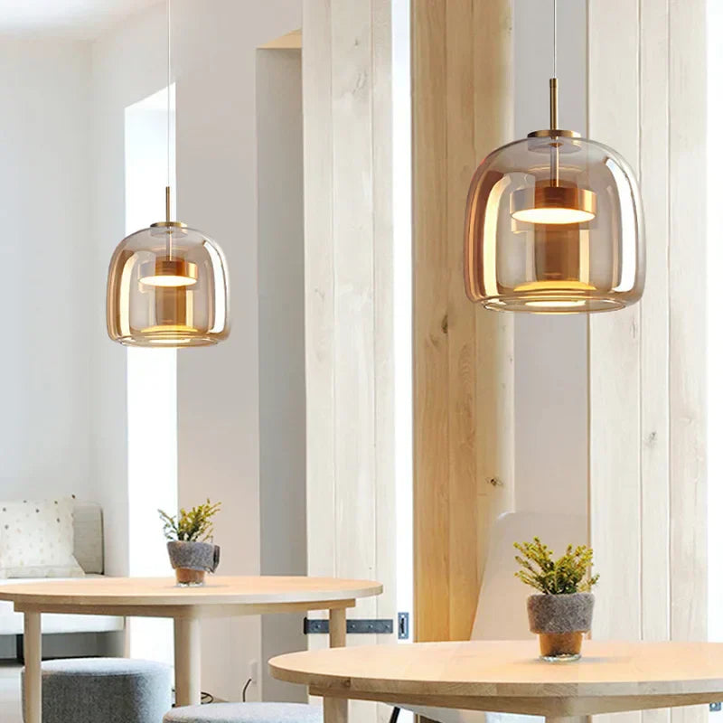 Handgeblasene Glaspendelleuchte aus bernsteinfarbenem Rauchglas mit LED für Esstisch und Wohnzimmer, Deckenbeleuchtung, schwebendes modernes Design | Sansoti
