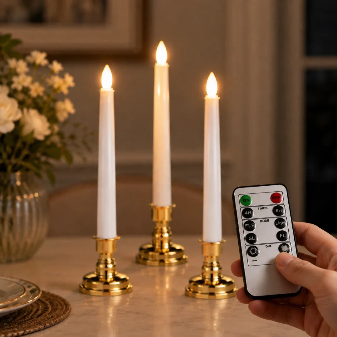 Set de 3 bougies LED sur pied avec télécommande, éclairage d’ambiance sans fil, bougies sans flamme | Sansoti