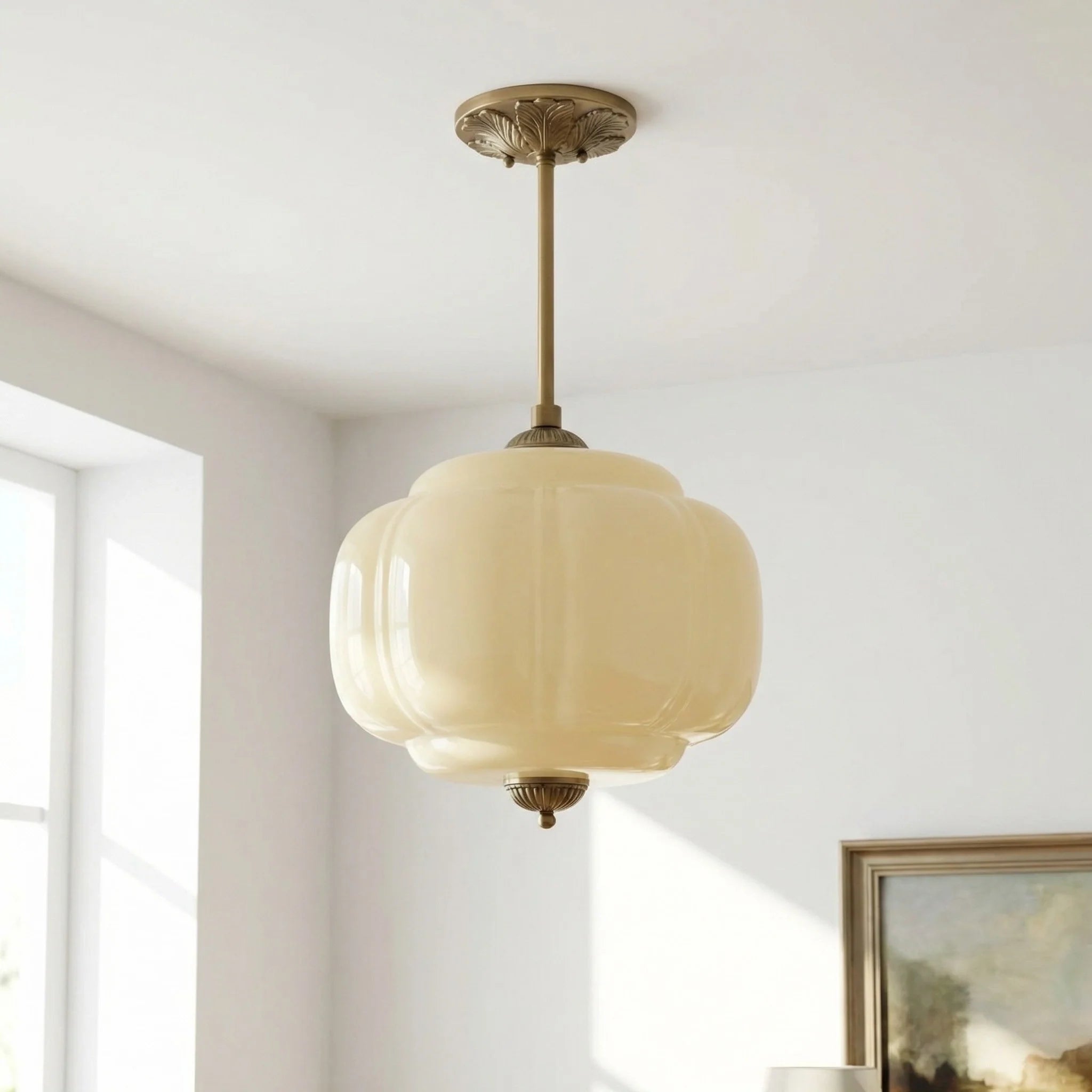 Antique Brass Plafondlamp met Groen Glas Pompoendesign - Elegante Hanglamp voor Eetkamer Keukeneiland Slaapkamer | Sansoti