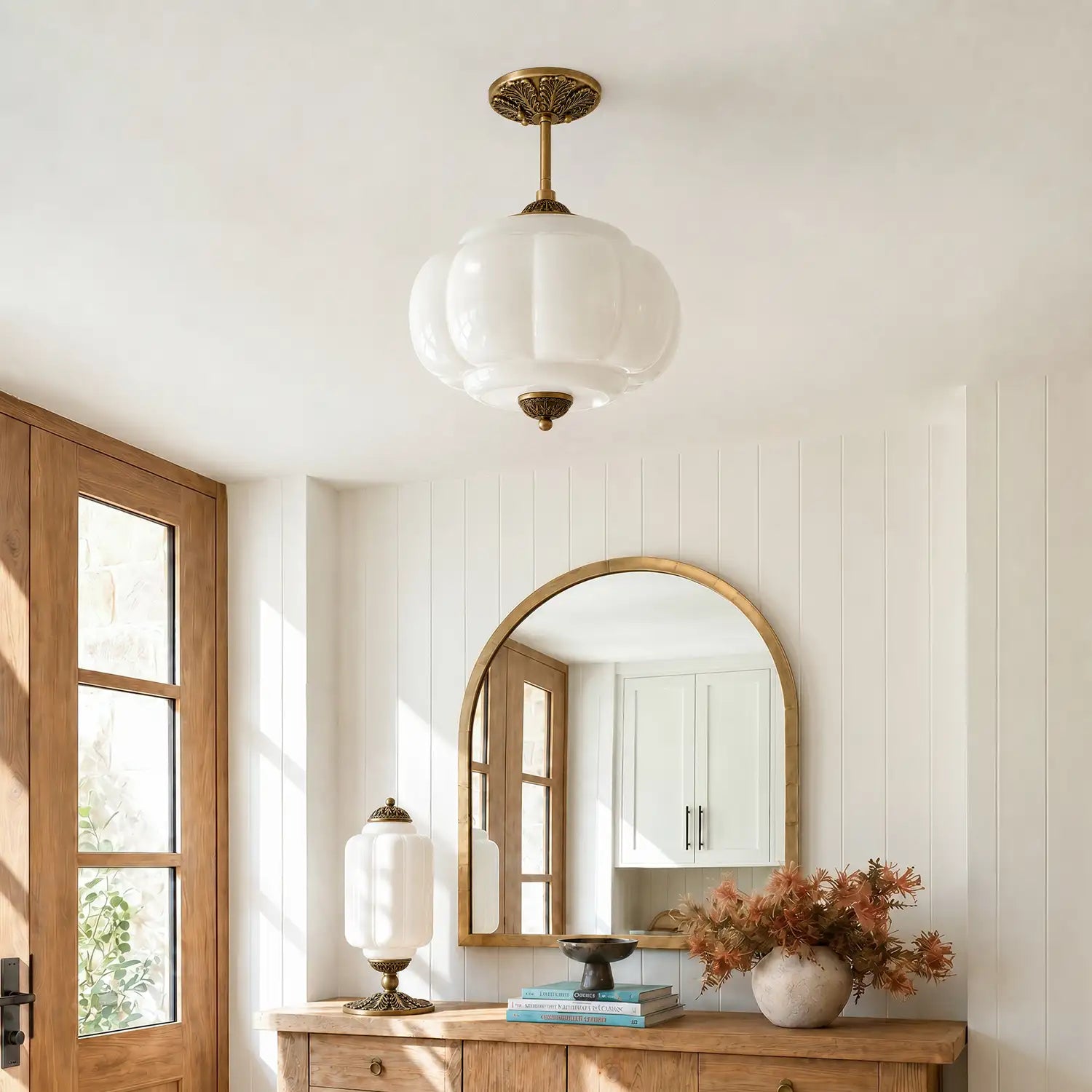 Antique Brass Plafondlamp met Groen Glas Pompoendesign - Elegante Hanglamp voor Eetkamer Keukeneiland Slaapkamer | Sansoti