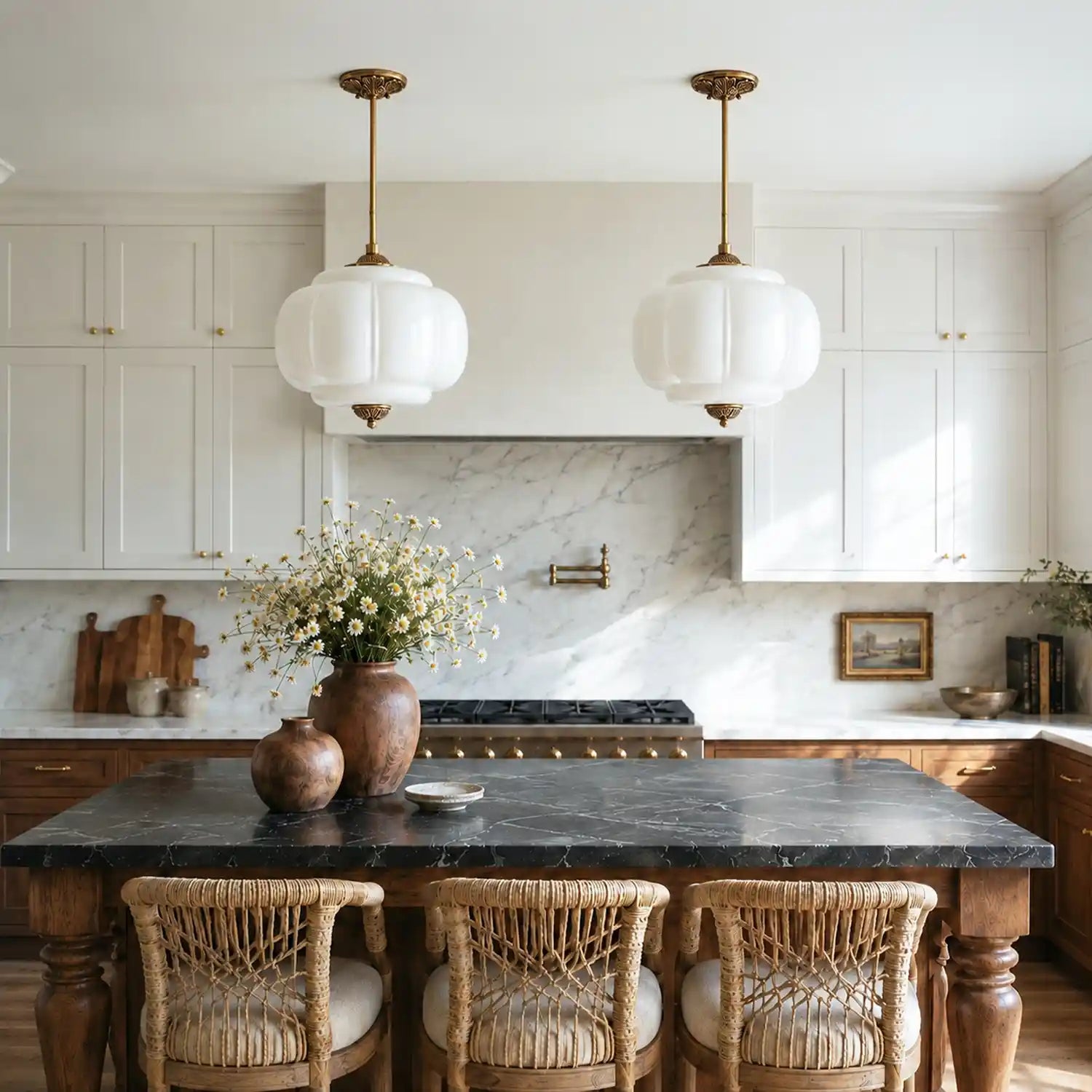 Antique Brass Plafondlamp met Groen Glas Pompoendesign - Elegante Hanglamp voor Eetkamer Keukeneiland Slaapkamer | Sansoti