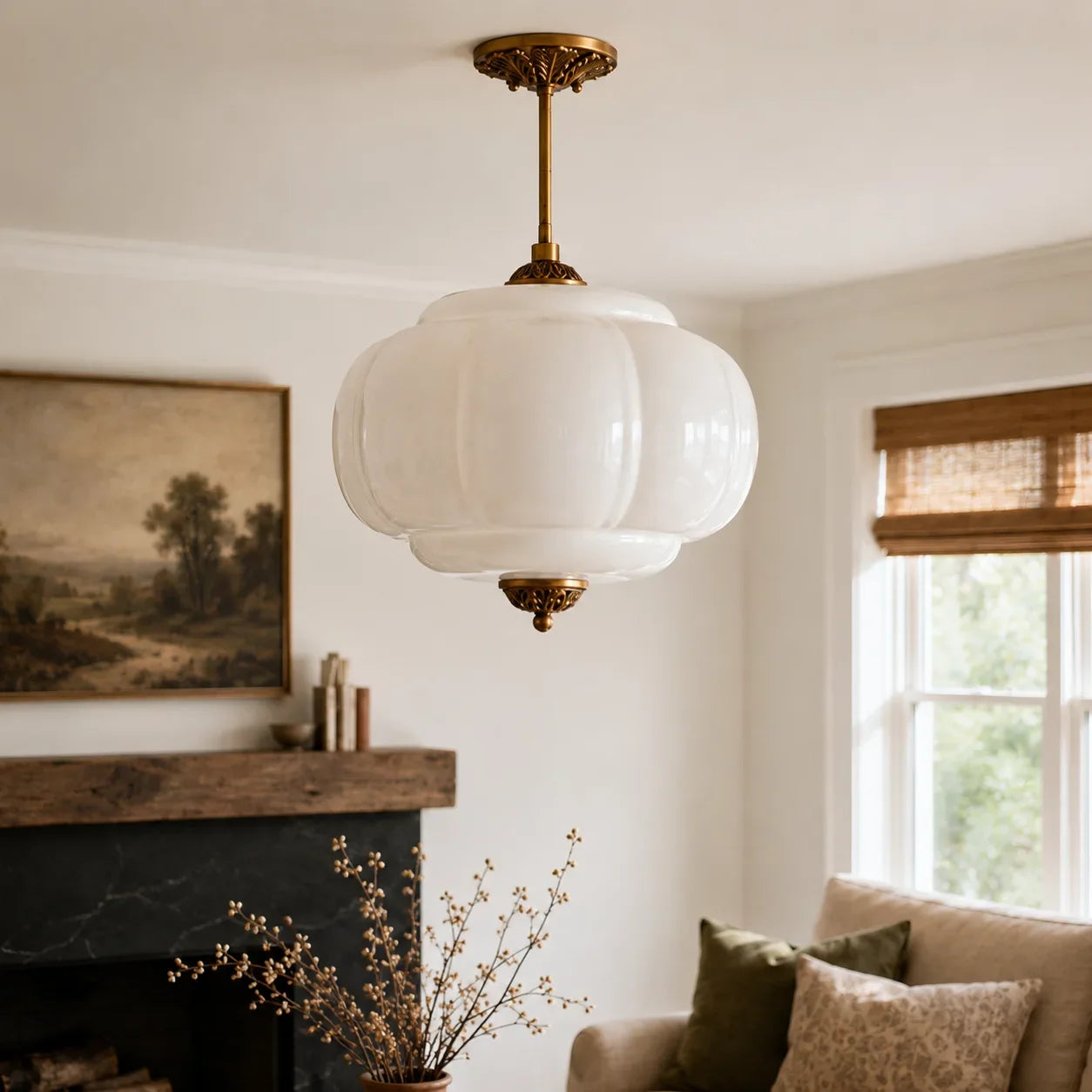 Antique Brass Plafondlamp met Groen Glas Pompoendesign - Elegante Hanglamp voor Eetkamer Keukeneiland Slaapkamer | Sansoti