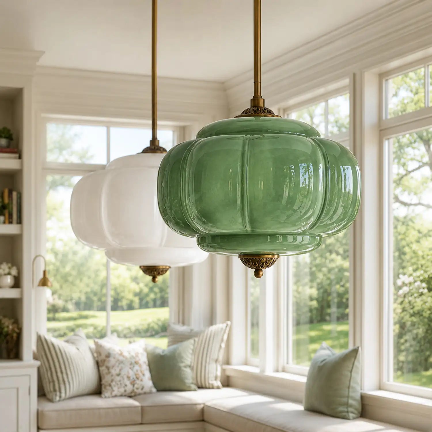 Antique Brass Plafondlamp met Groen Glas Pompoendesign - Elegante Hanglamp voor Eetkamer Keukeneiland Slaapkamer | Sansoti