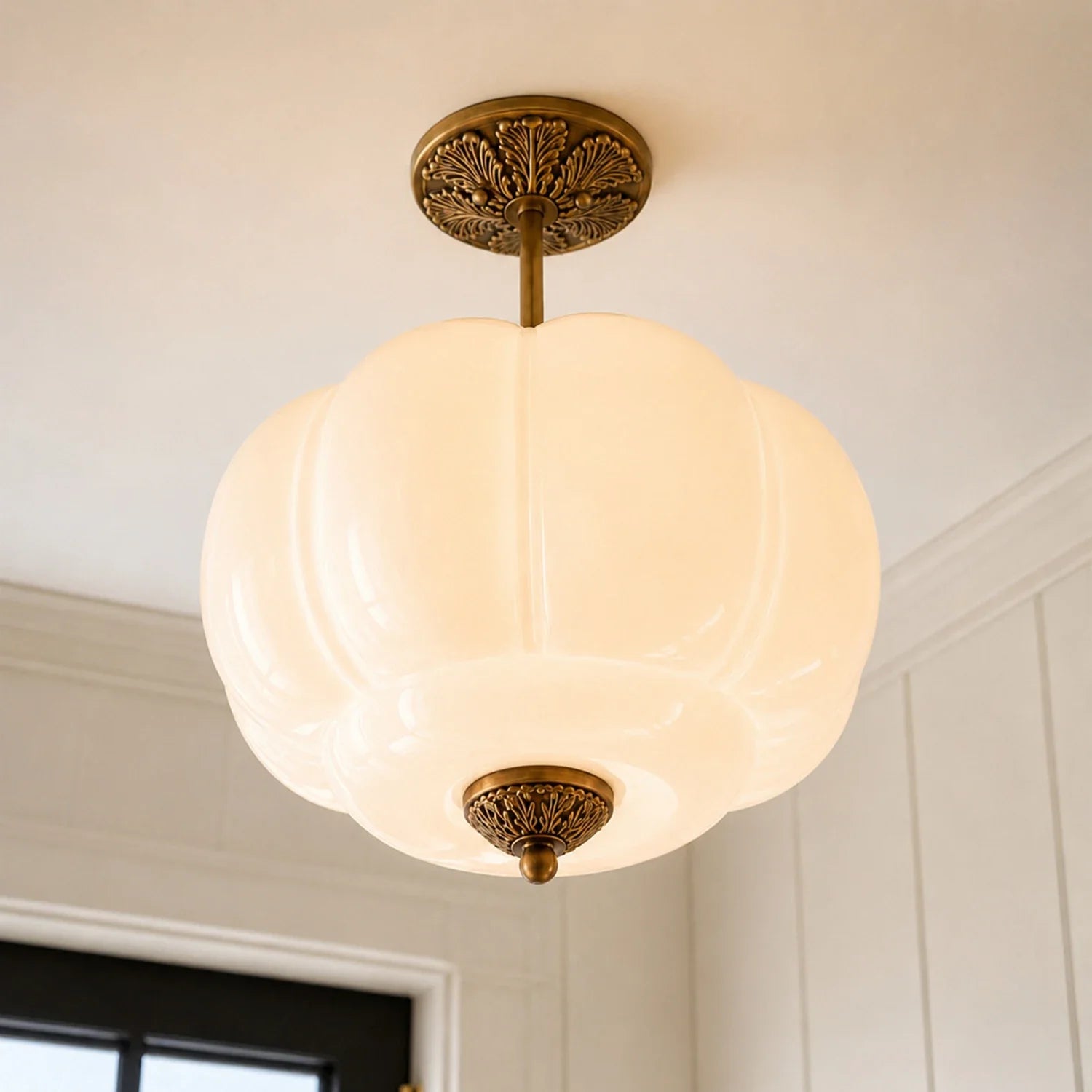 Antique Brass Plafondlamp met Groen Glas Pompoendesign - Elegante Hanglamp voor Eetkamer Keukeneiland Slaapkamer | Sansoti