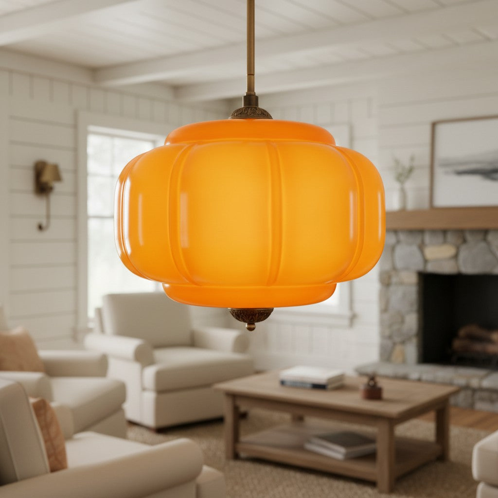 Antique Brass Plafondlamp met Groen Glas Pompoendesign - Elegante Hanglamp voor Eetkamer Keukeneiland Slaapkamer | Sansoti