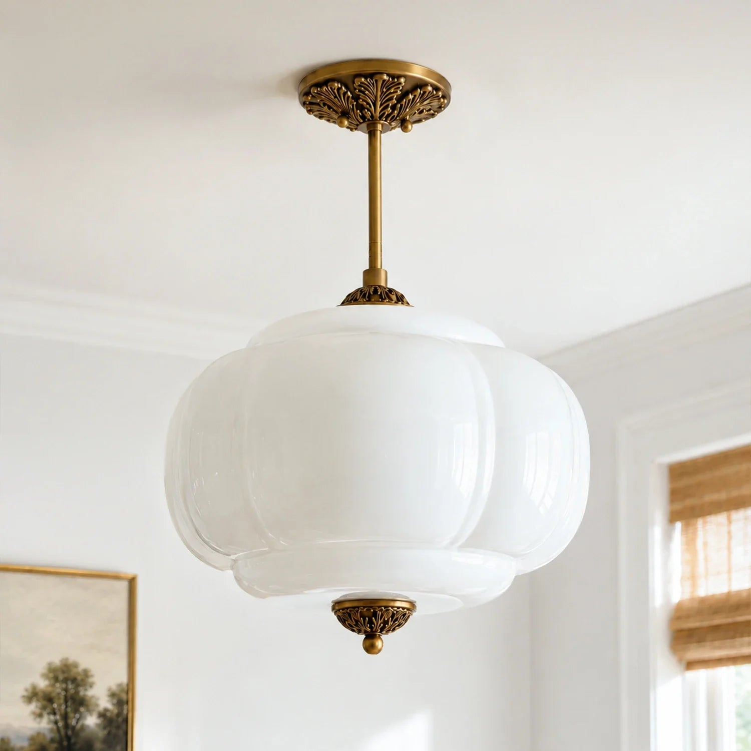 Antique Brass Plafondlamp met Groen Glas Pompoendesign - Elegante Hanglamp voor Eetkamer Keukeneiland Slaapkamer | Sansoti