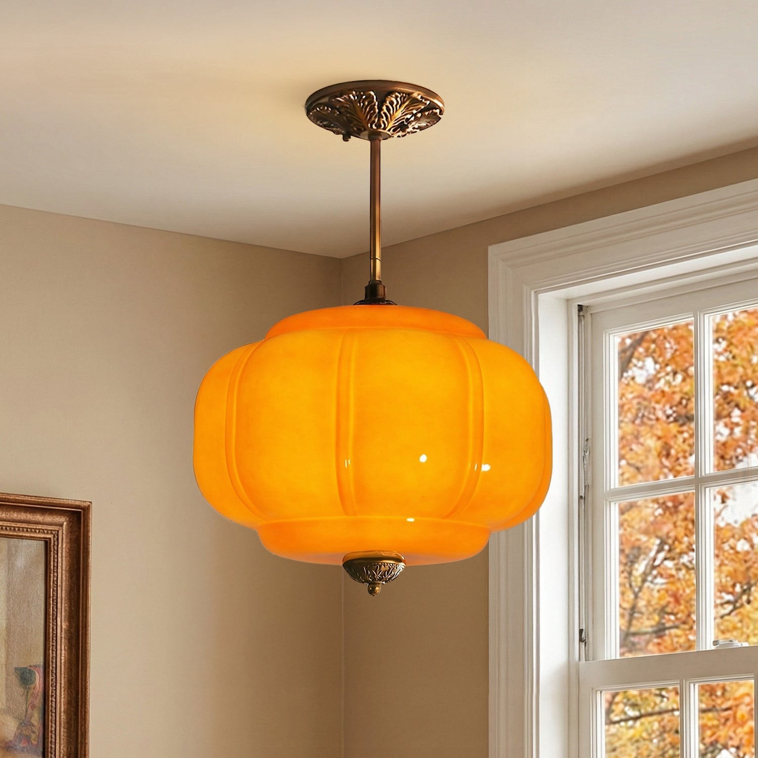 Antique Brass Plafondlamp met Groen Glas Pompoendesign - Elegante Hanglamp voor Eetkamer Keukeneiland Slaapkamer | Sansoti