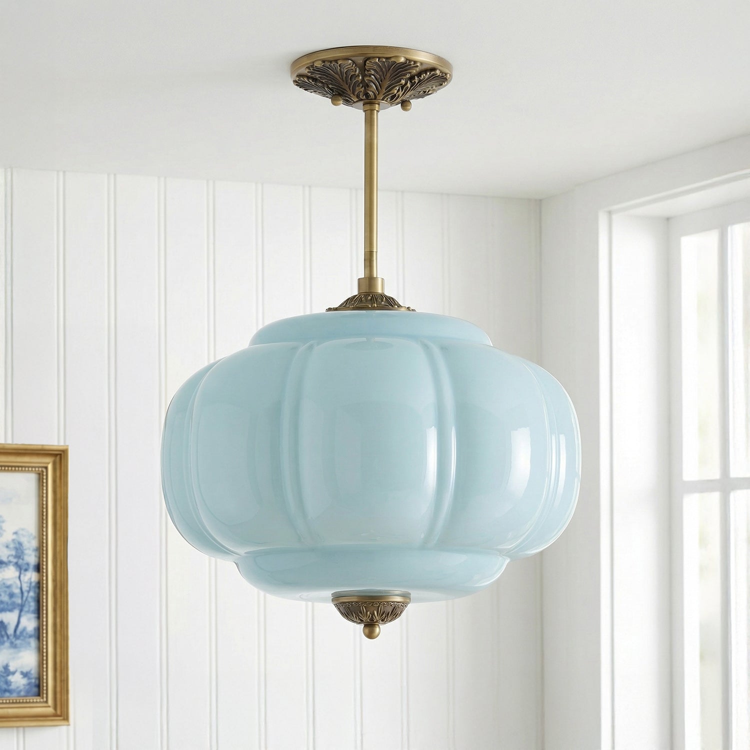 Antique Brass Plafondlamp met Groen Glas Pompoendesign - Elegante Hanglamp voor Eetkamer Keukeneiland Slaapkamer | Sansoti