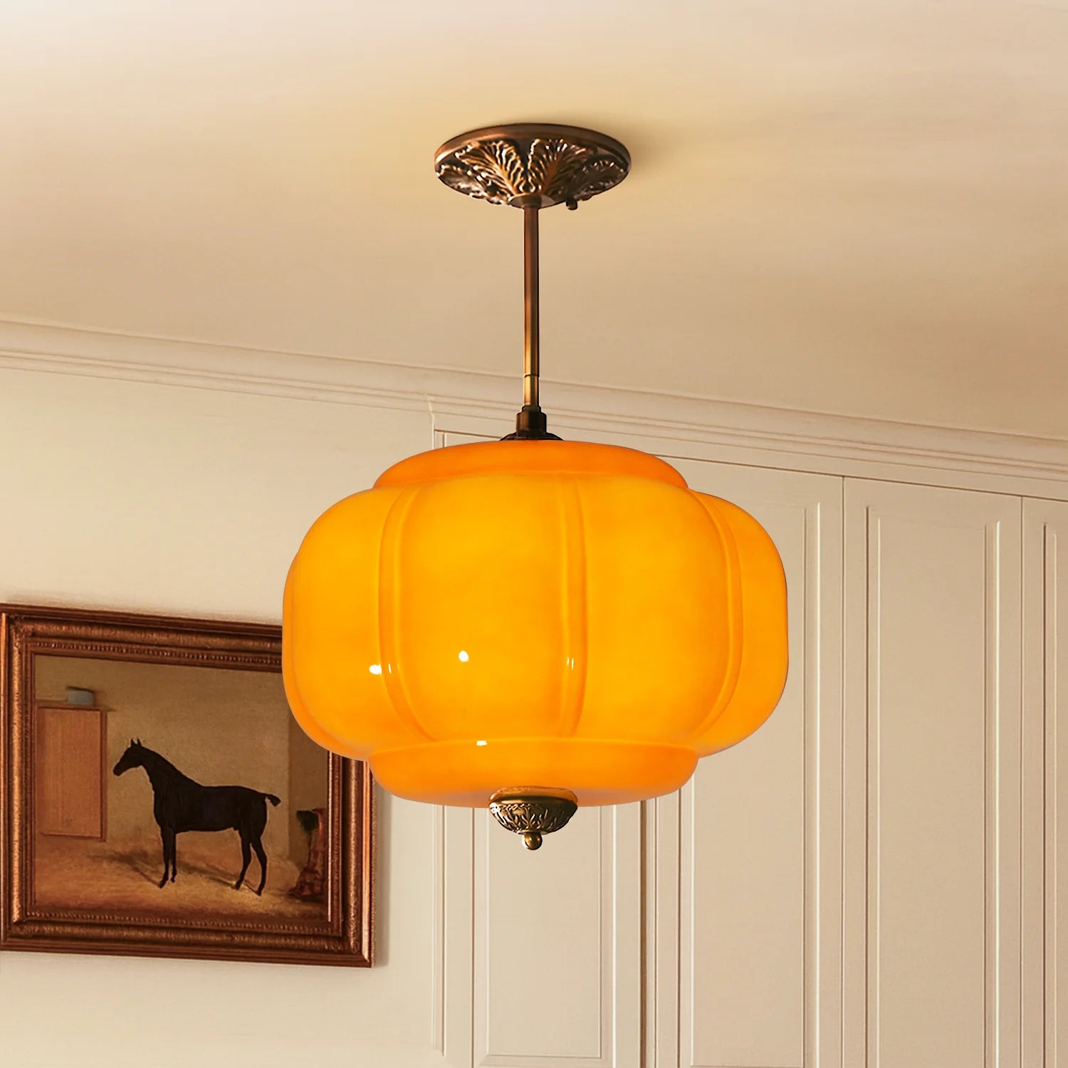 Antique Brass Plafondlamp met Groen Glas Pompoendesign - Elegante Hanglamp voor Eetkamer Keukeneiland Slaapkamer | Sansoti