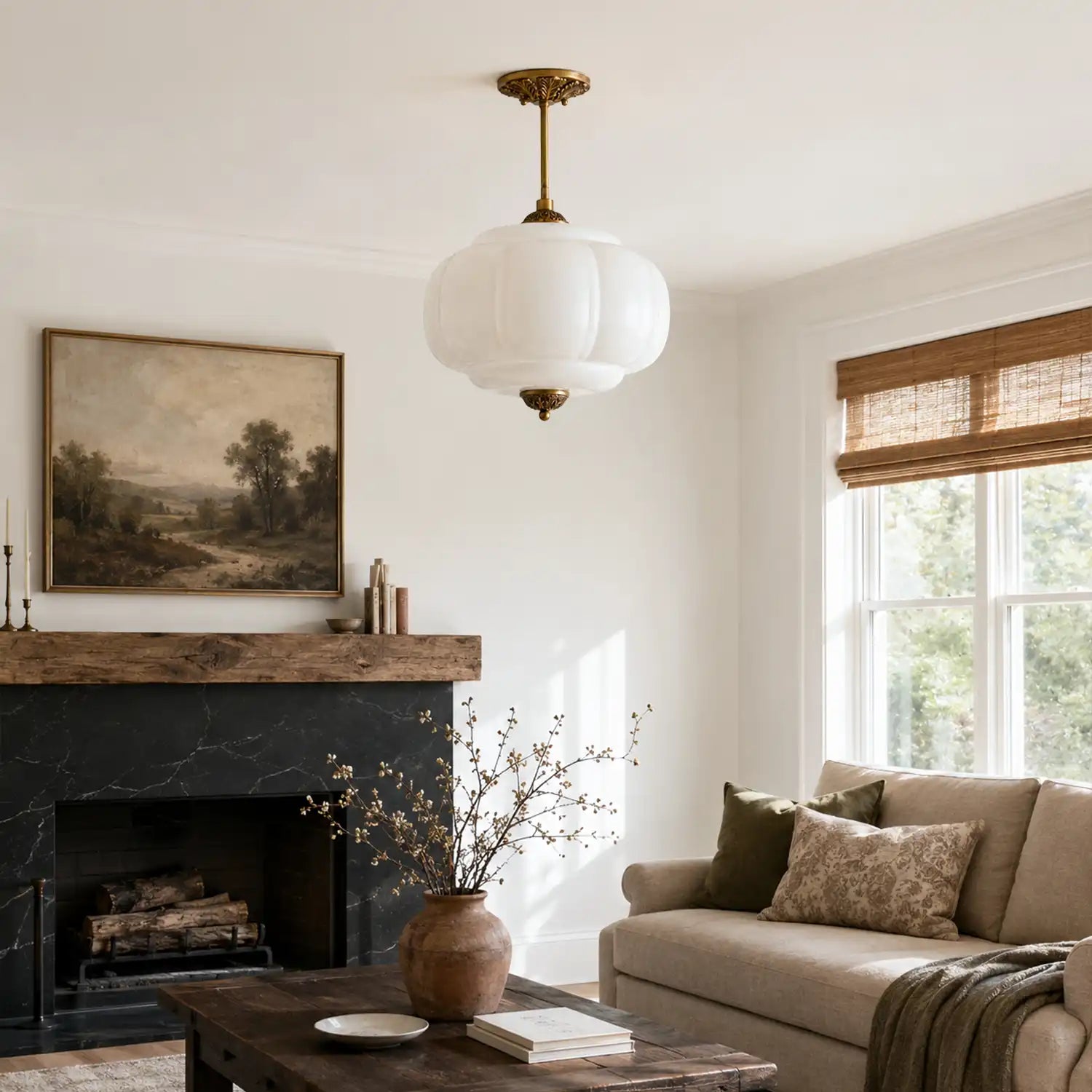 Antique Brass Plafondlamp met Groen Glas Pompoendesign - Elegante Hanglamp voor Eetkamer Keukeneiland Slaapkamer | Sansoti