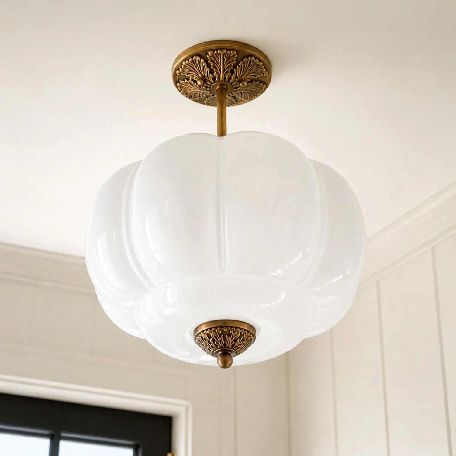 Antique Brass Plafondlamp met Groen Glas Pompoendesign - Elegante Hanglamp voor Eetkamer Keukeneiland Slaapkamer | Sansoti