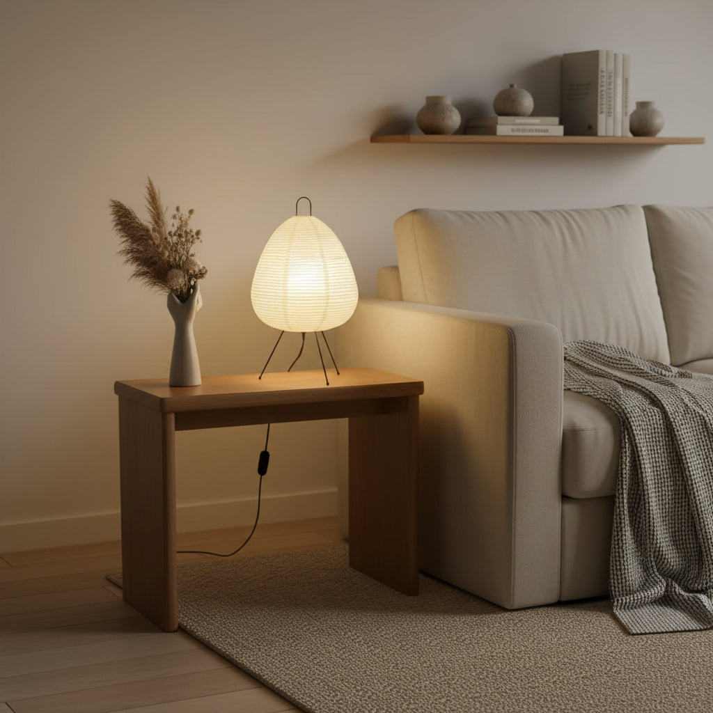 Von Japan inspirierte Tischlampe aus Reispapier 40 cm E27 stimmungsvolle Beleuchtung für Wohnzimmer, Schlafzimmer und Leseecke, warmes Licht | Sansoti