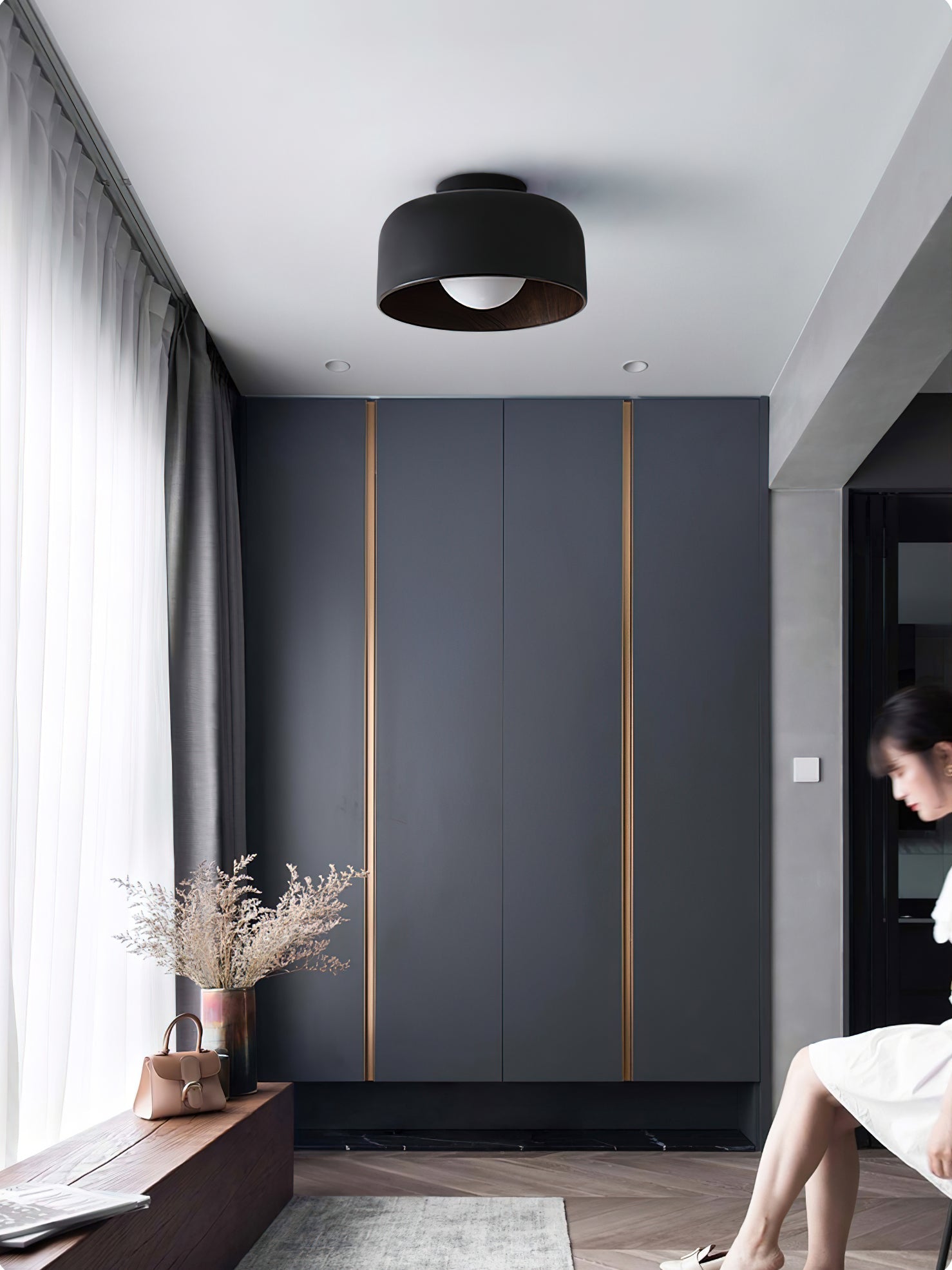 Ronde Plafondlamp met Houtnerf Interieur Glazen Bol ∅22 cm voor Hal Keuken Slaapkamer Wandmontage G9 Fitting | Sansoti