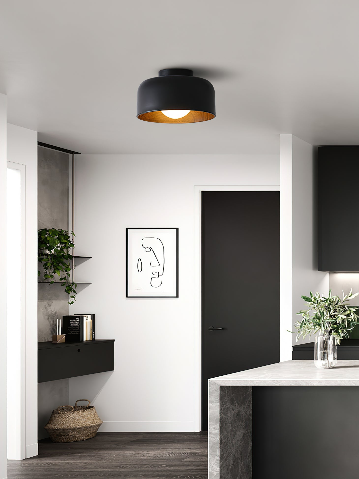 Ronde Plafondlamp met Houtnerf Interieur Glazen Bol ∅22 cm voor Hal Keuken Slaapkamer Wandmontage G9 Fitting | Sansoti