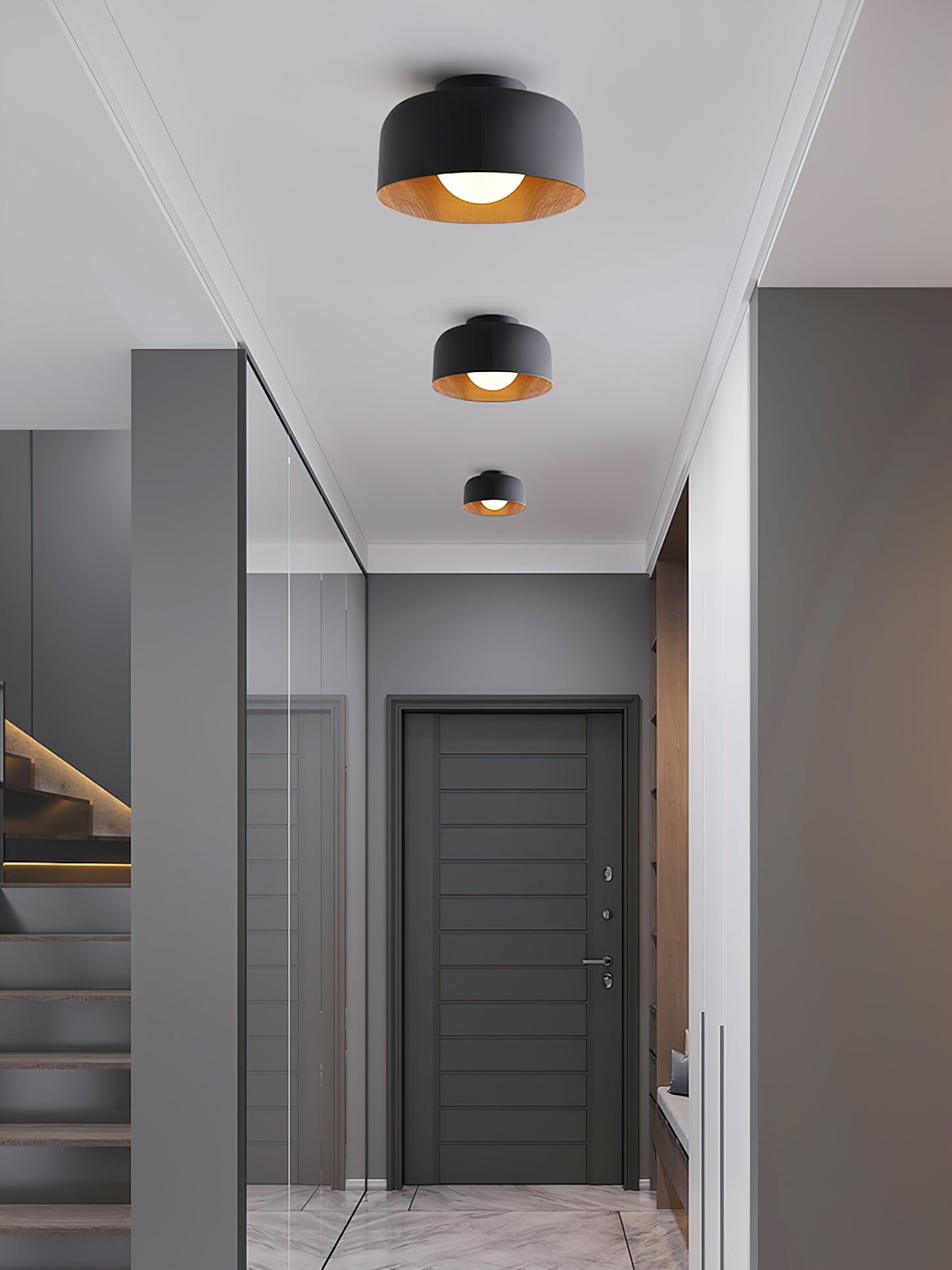 Ronde Plafondlamp met Houtnerf Interieur Glazen Bol ∅22 cm voor Hal Keuken Slaapkamer Wandmontage G9 Fitting | Sansoti