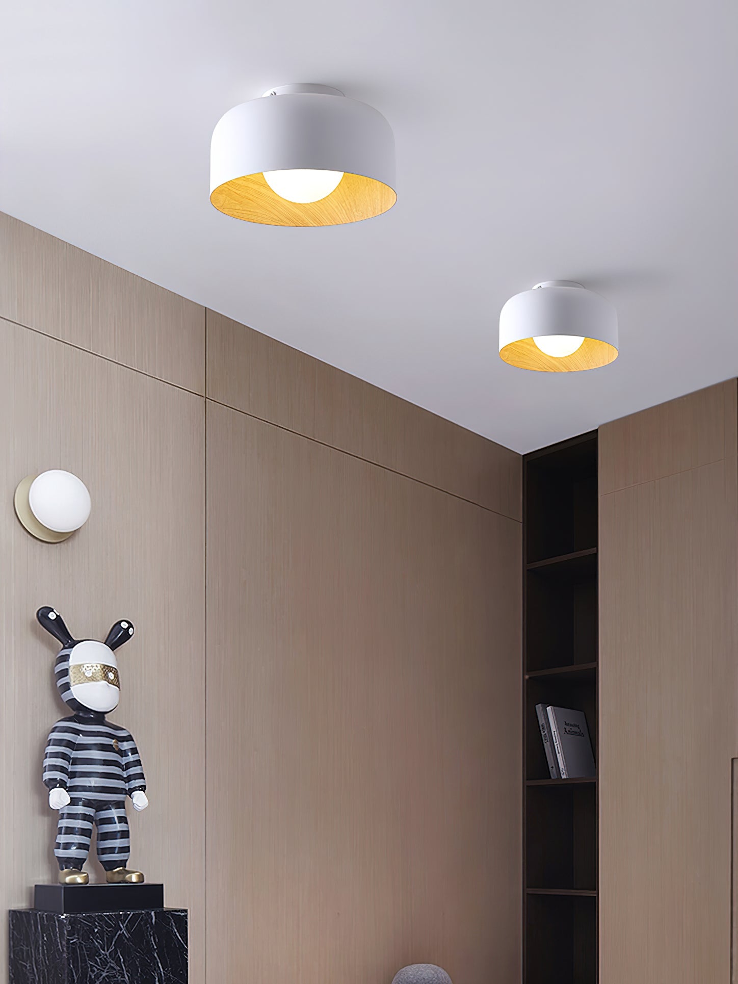 Ronde Plafondlamp met Houtnerf Interieur Glazen Bol ∅22 cm voor Hal Keuken Slaapkamer Wandmontage G9 Fitting | Sansoti