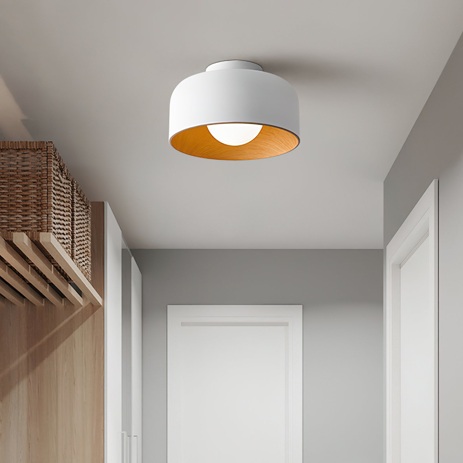 Ronde Plafondlamp met Houtnerf Interieur Glazen Bol ∅22 cm voor Hal Keuken Slaapkamer Wandmontage G9 Fitting | Sansoti