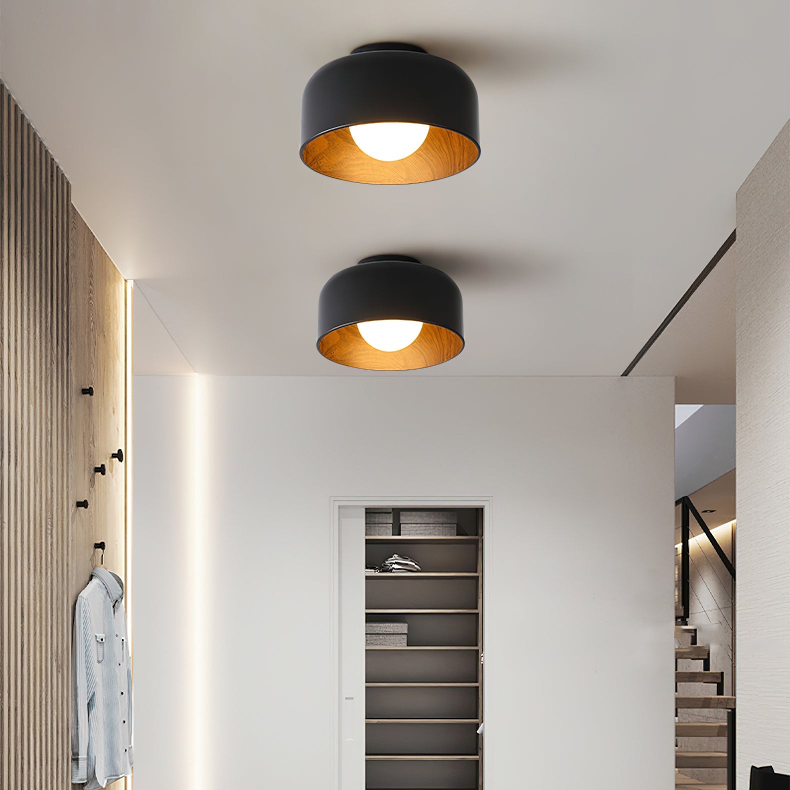 Ronde Plafondlamp met Houtnerf Interieur Glazen Bol ∅22 cm voor Hal Keuken Slaapkamer Wandmontage G9 Fitting | Sansoti