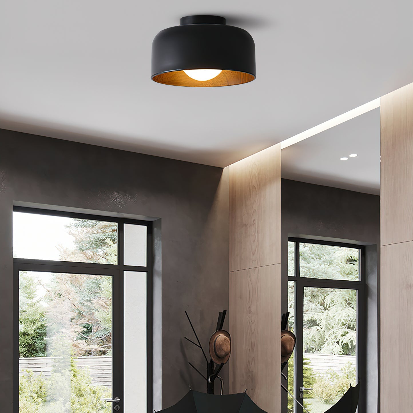 Ronde Plafondlamp met Houtnerf Interieur Glazen Bol ∅22 cm voor Hal Keuken Slaapkamer Wandmontage G9 Fitting | Sansoti
