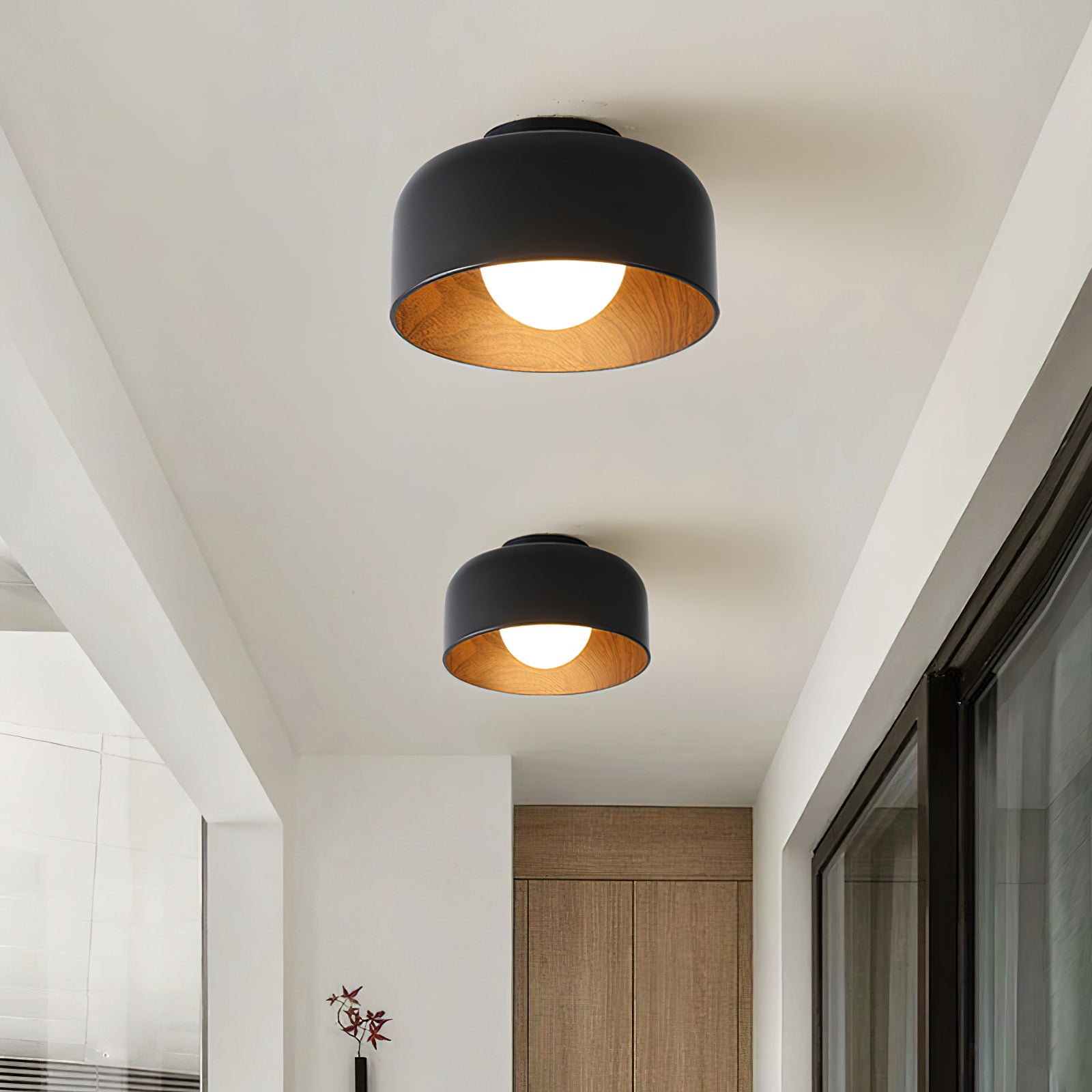 Ronde Plafondlamp met Houtnerf Interieur Glazen Bol ∅22 cm voor Hal Keuken Slaapkamer Wandmontage G9 Fitting | Sansoti