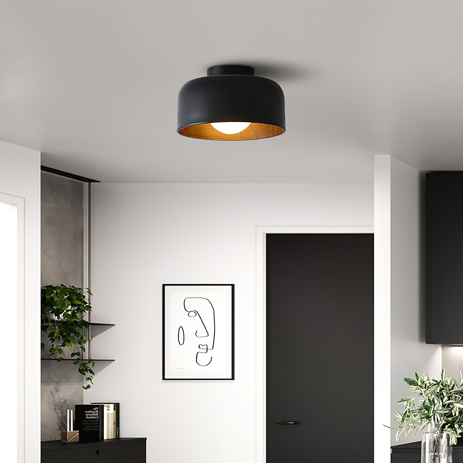 Ronde Plafondlamp met Houtnerf Interieur Glazen Bol ∅22 cm voor Hal Keuken Slaapkamer Wandmontage G9 Fitting | Sansoti