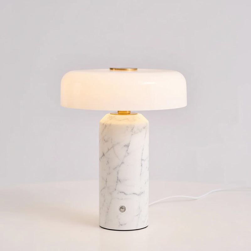 Marmeren Tafellamp met Oplaadbare Batterij – Opaline Glazen Bol & Espresso Marmeren Voet – Touch Dimbaar | Sansoti