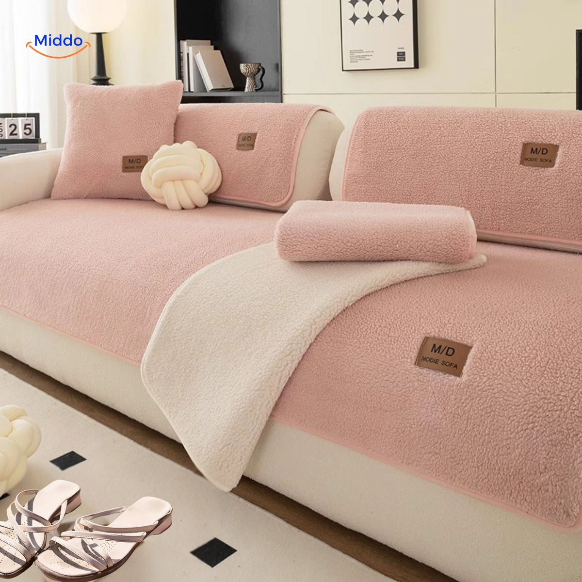 Sofabezug aus Plüsch-Imitatpelz mit rutschfester Sitzschutzauflage für das Wohnzimmer, verschiedene Größen, Kaffee, Beige, Grau, Rosa | Sansoti