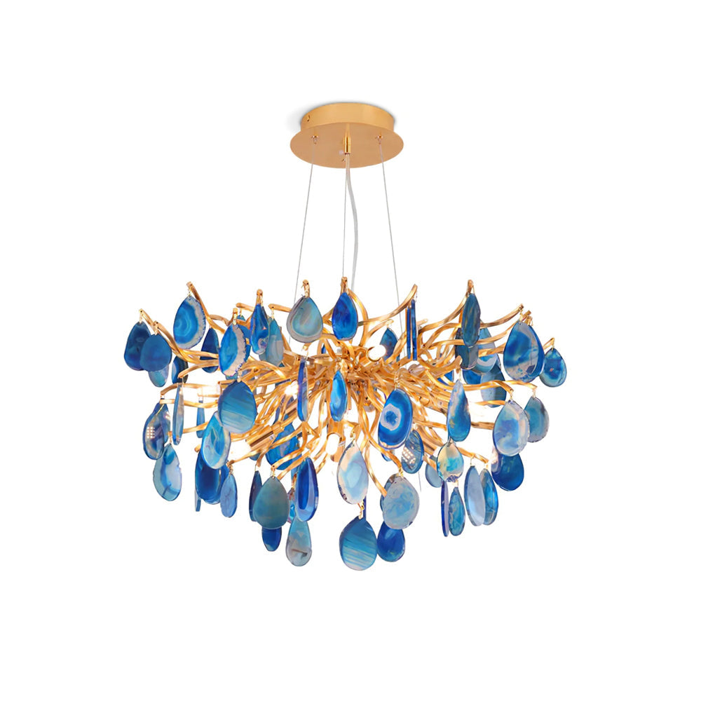 Natuursteen Agaat Kroonluchter met Vergulde Metalen Behuizing - Handgeslepen Schijven Warm Goudkleurige Afwerking 8 of 9 Lichtpunten Luxe Plafondverlichting Exclusief Statement-Piece | Sansoti