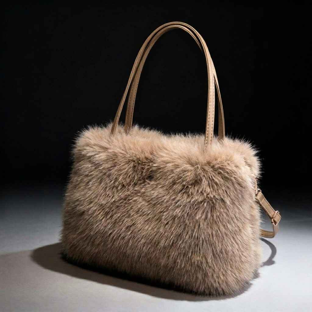 Plush Shoulder Bag Faux Fur Vegan Leather Handles Winter Everyday Tote Bag Women’s Statement Bag Fashion | Sansoti