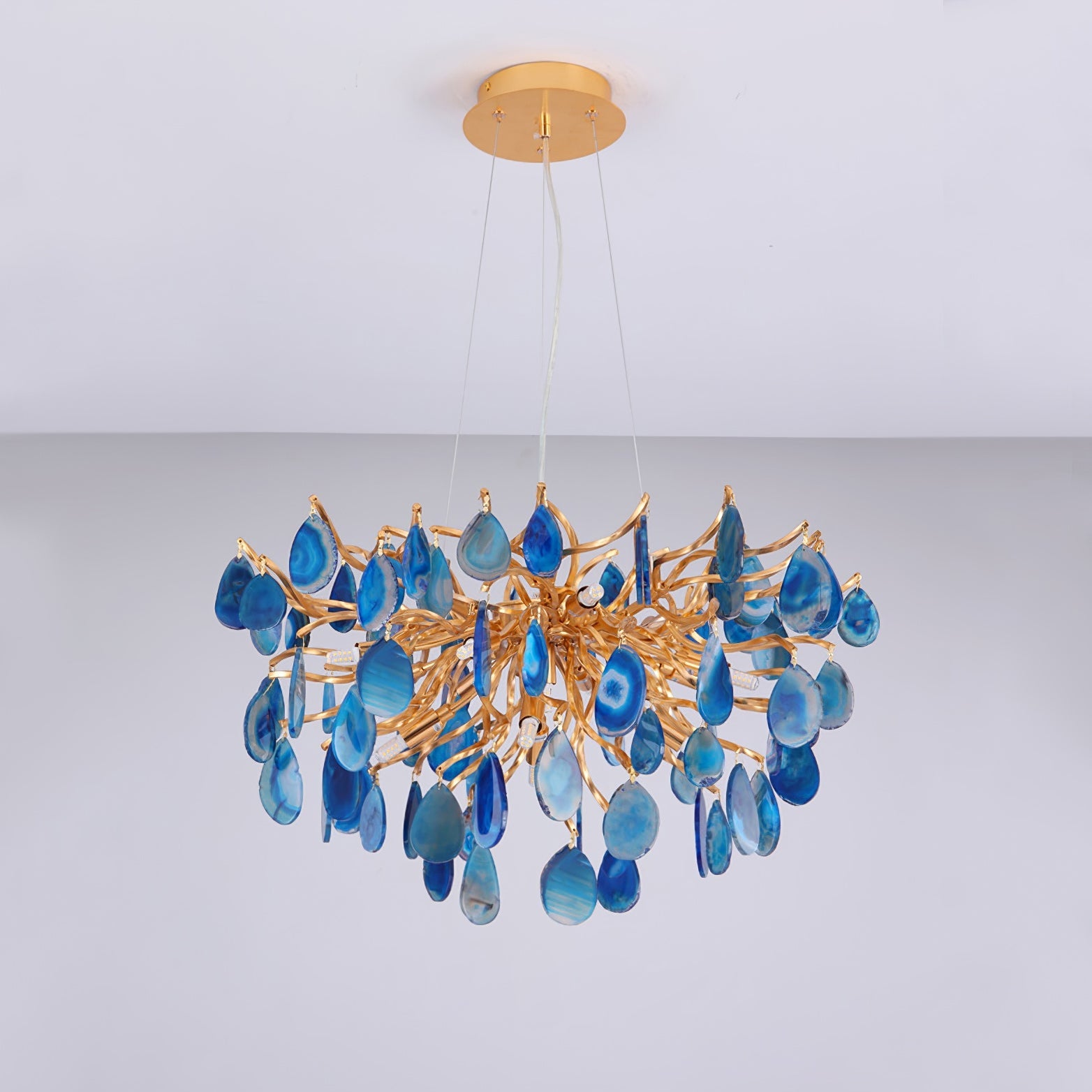 Natuursteen Agaat Kroonluchter met Vergulde Metalen Behuizing - Handgeslepen Schijven Warm Goudkleurige Afwerking 8 of 9 Lichtpunten Luxe Plafondverlichting Exclusief Statement-Piece | Sansoti