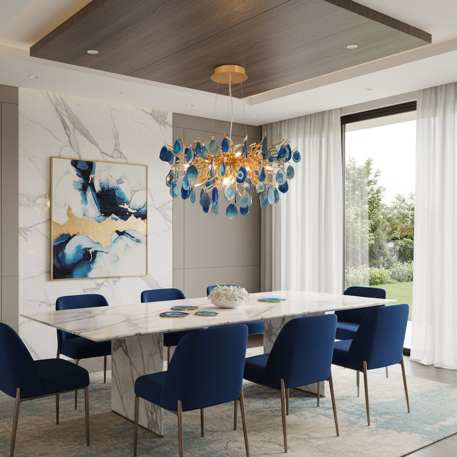 Natuursteen Agaat Kroonluchter met Vergulde Metalen Behuizing - Handgeslepen Schijven Warm Goudkleurige Afwerking 8 of 9 Lichtpunten Luxe Plafondverlichting Exclusief Statement-Piece | Sansoti