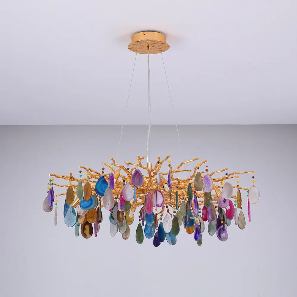 Natuursteen Agaat Kroonluchter met Vergulde Metalen Behuizing - Handgeslepen Schijven Warm Goudkleurige Afwerking 8 of 9 Lichtpunten Luxe Plafondverlichting Exclusief Statement-Piece | Sansoti