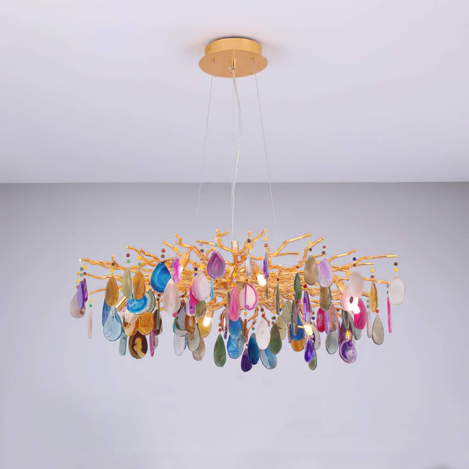 Natuursteen Agaat Kroonluchter met Vergulde Metalen Behuizing - Handgeslepen Schijven Warm Goudkleurige Afwerking 8 of 9 Lichtpunten Luxe Plafondverlichting Exclusief Statement-Piece | Sansoti
