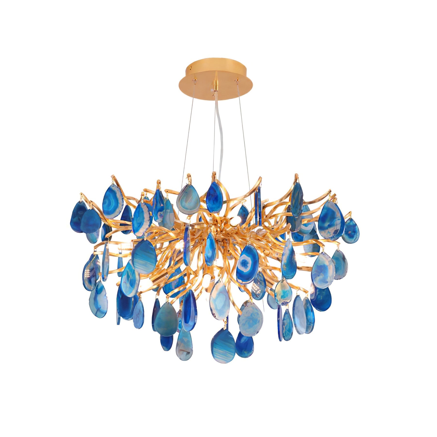 Natuursteen Agaat Kroonluchter met Vergulde Metalen Behuizing - Handgeslepen Schijven Warm Goudkleurige Afwerking 8 of 9 Lichtpunten Luxe Plafondverlichting Exclusief Statement-Piece | Sansoti