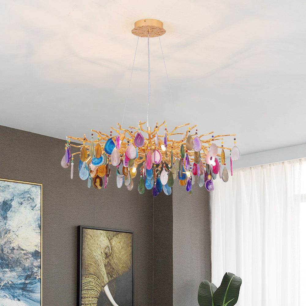 Natuursteen Agaat Kroonluchter met Vergulde Metalen Behuizing - Handgeslepen Schijven Warm Goudkleurige Afwerking 8 of 9 Lichtpunten Luxe Plafondverlichting Exclusief Statement-Piece | Sansoti