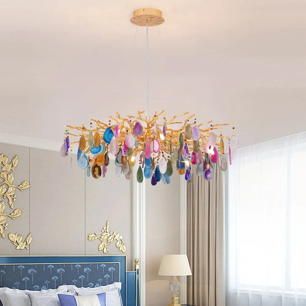Natuursteen Agaat Kroonluchter met Vergulde Metalen Behuizing - Handgeslepen Schijven Warm Goudkleurige Afwerking 8 of 9 Lichtpunten Luxe Plafondverlichting Exclusief Statement-Piece | Sansoti