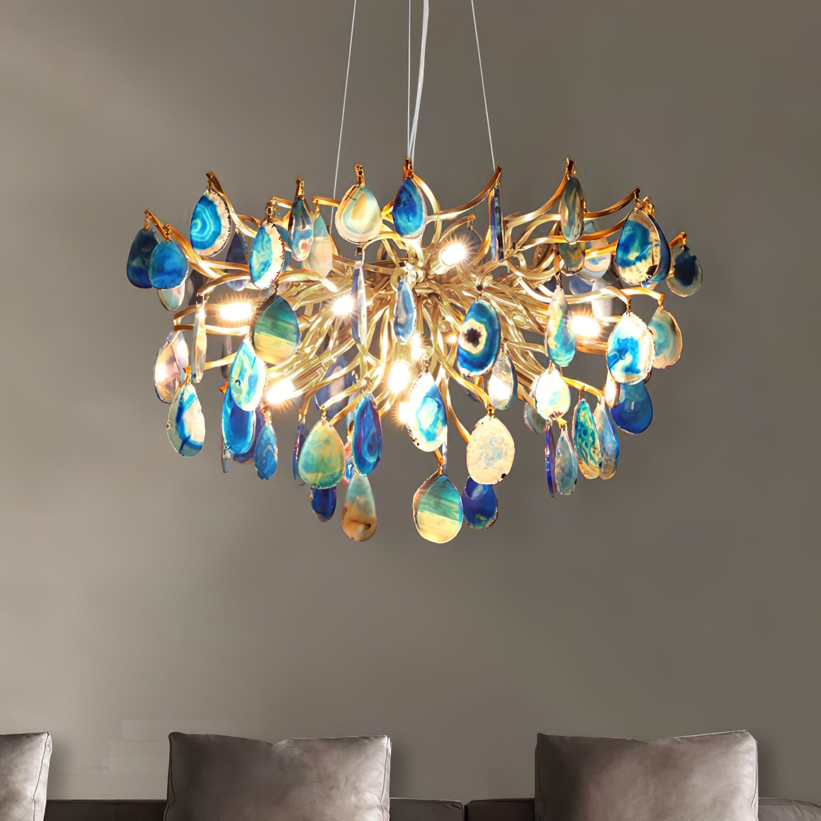 Natuursteen Agaat Kroonluchter met Vergulde Metalen Behuizing - Handgeslepen Schijven Warm Goudkleurige Afwerking 8 of 9 Lichtpunten Luxe Plafondverlichting Exclusief Statement-Piece | Sansoti
