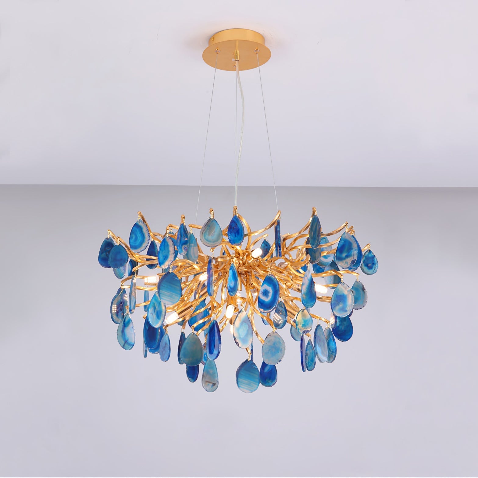 Natuursteen Agaat Kroonluchter met Vergulde Metalen Behuizing - Handgeslepen Schijven Warm Goudkleurige Afwerking 8 of 9 Lichtpunten Luxe Plafondverlichting Exclusief Statement-Piece | Sansoti