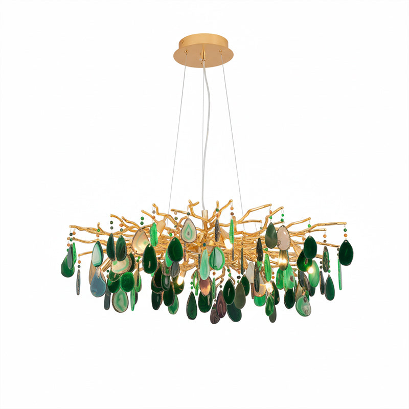 Natuursteen Agaat Kroonluchter met Vergulde Metalen Behuizing - Handgeslepen Schijven Warm Goudkleurige Afwerking 8 of 9 Lichtpunten Luxe Plafondverlichting Exclusief Statement-Piece | Sansoti
