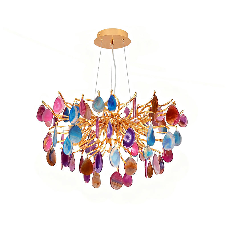 Natuursteen Agaat Kroonluchter met Vergulde Metalen Behuizing - Handgeslepen Schijven Warm Goudkleurige Afwerking 8 of 9 Lichtpunten Luxe Plafondverlichting Exclusief Statement-Piece | Sansoti