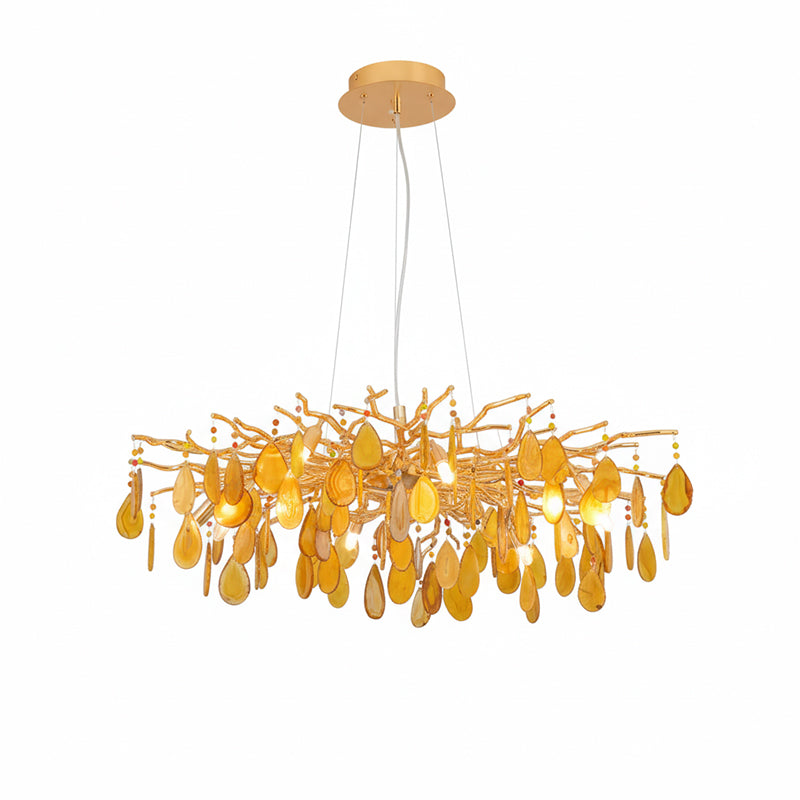 Natuursteen Agaat Kroonluchter met Vergulde Metalen Behuizing - Handgeslepen Schijven Warm Goudkleurige Afwerking 8 of 9 Lichtpunten Luxe Plafondverlichting Exclusief Statement-Piece | Sansoti