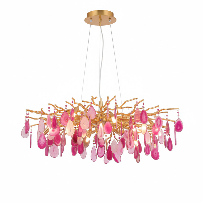 Natuursteen Agaat Kroonluchter met Vergulde Metalen Behuizing - Handgeslepen Schijven Warm Goudkleurige Afwerking 8 of 9 Lichtpunten Luxe Plafondverlichting Exclusief Statement-Piece | Sansoti