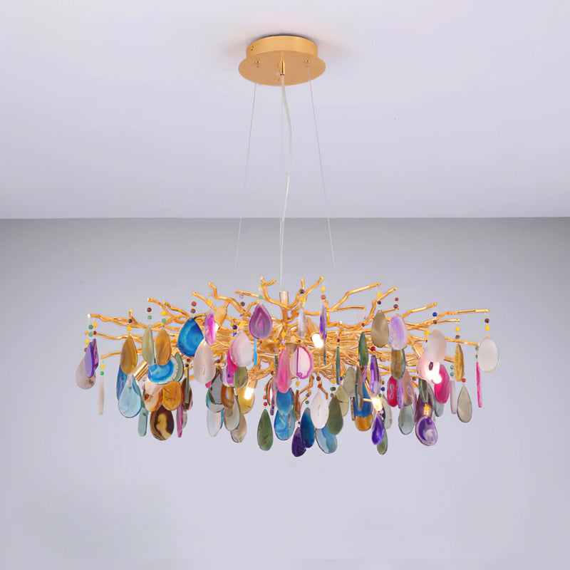 Natuursteen Agaat Kroonluchter met Vergulde Metalen Behuizing - Handgeslepen Schijven Warm Goudkleurige Afwerking 8 of 9 Lichtpunten Luxe Plafondverlichting Exclusief Statement-Piece | Sansoti