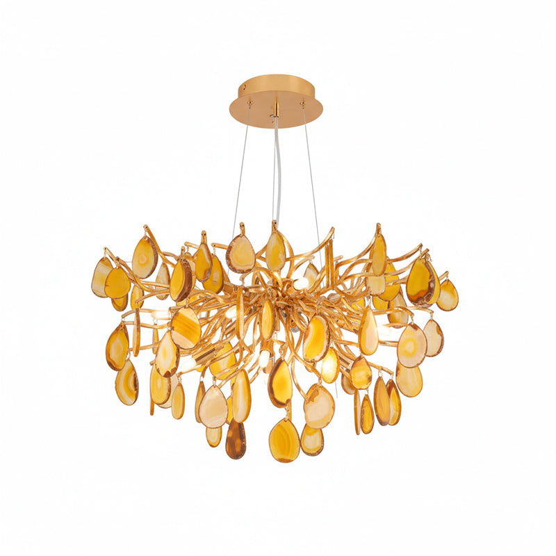 Natuursteen Agaat Kroonluchter met Vergulde Metalen Behuizing - Handgeslepen Schijven Warm Goudkleurige Afwerking 8 of 9 Lichtpunten Luxe Plafondverlichting Exclusief Statement-Piece | Sansoti