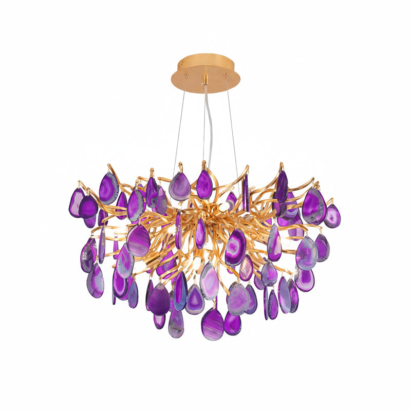Natuursteen Agaat Kroonluchter met Vergulde Metalen Behuizing - Handgeslepen Schijven Warm Goudkleurige Afwerking 8 of 9 Lichtpunten Luxe Plafondverlichting Exclusief Statement-Piece | Sansoti