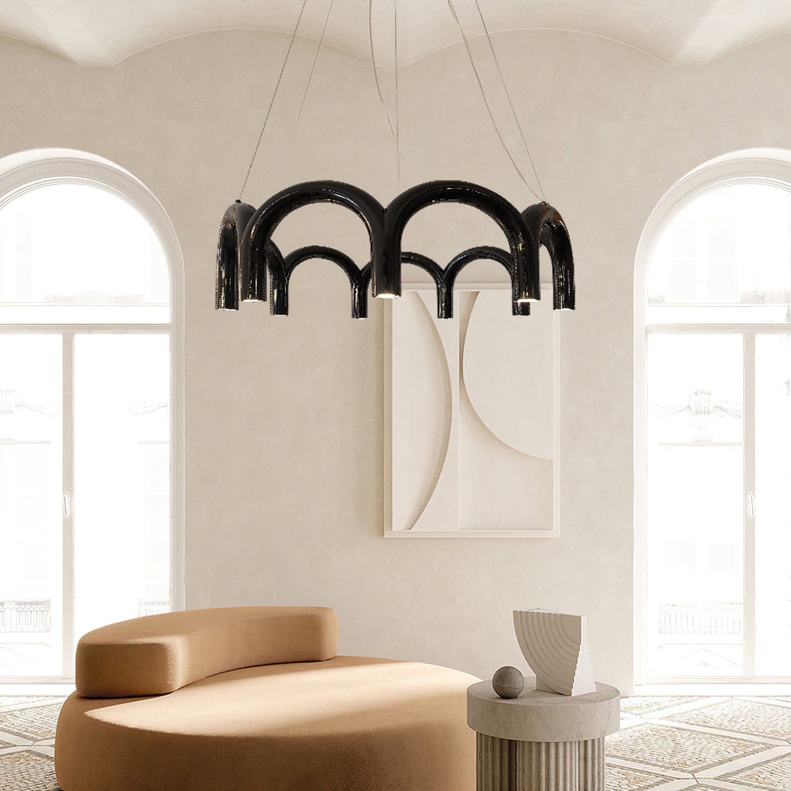 Moderne Kroonluchter met Cirkelvormige M-Bogen – 4, 7 of 9 Lichtpunten in Wit, Zwart of Blauw | Sansoti