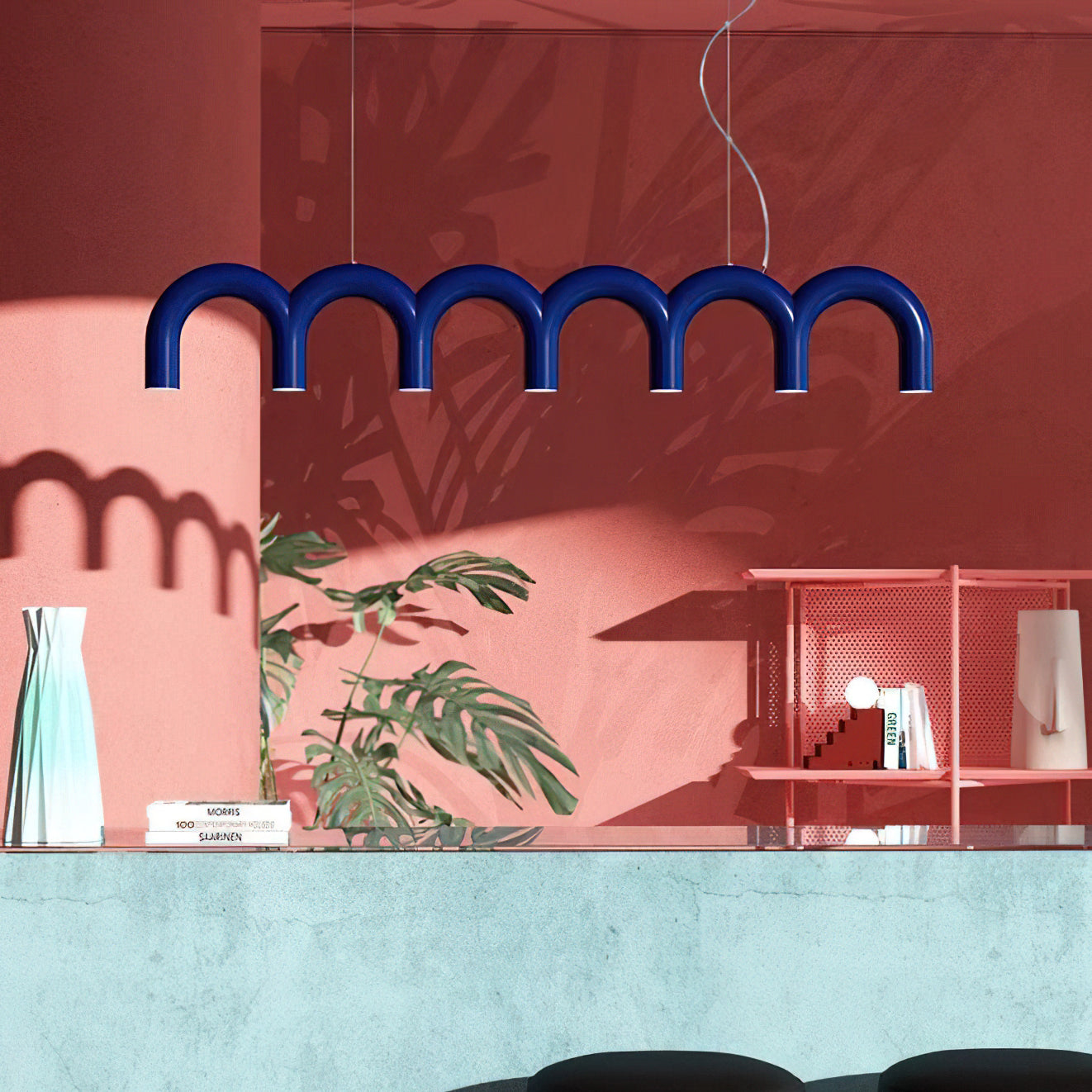 Moderne Kroonluchter met Cirkelvormige M-Bogen – 4, 7 of 9 Lichtpunten in Wit, Zwart of Blauw | Sansoti