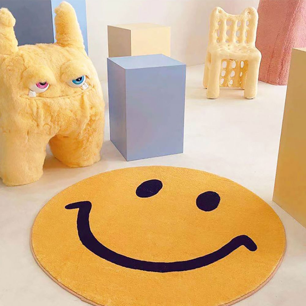 Rond Vloerkleed met Smiley Emoticon Geel Zacht Fleece 60-100 cm Speels Accent Kinderkamer Woonkamer Vrolijk | Sansoti