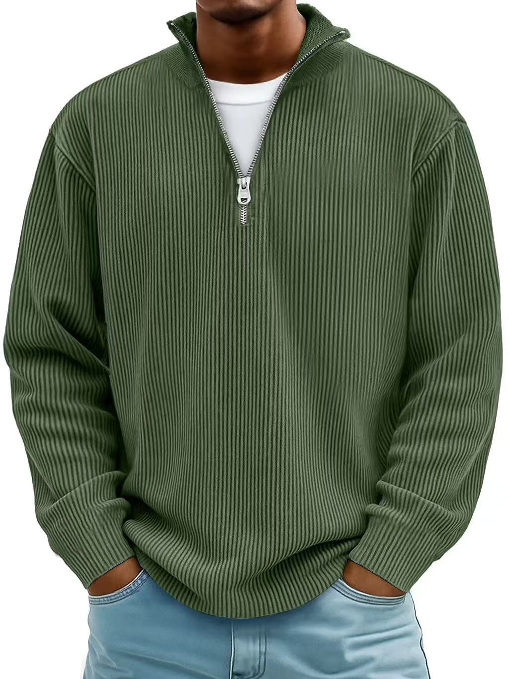 Gestrickter Herrenpullover mit halbem Reißverschluss, Stehkragen und Rippstruktur, lässiger Winterpullover, bequem und warm gestrickt | Sansoti
